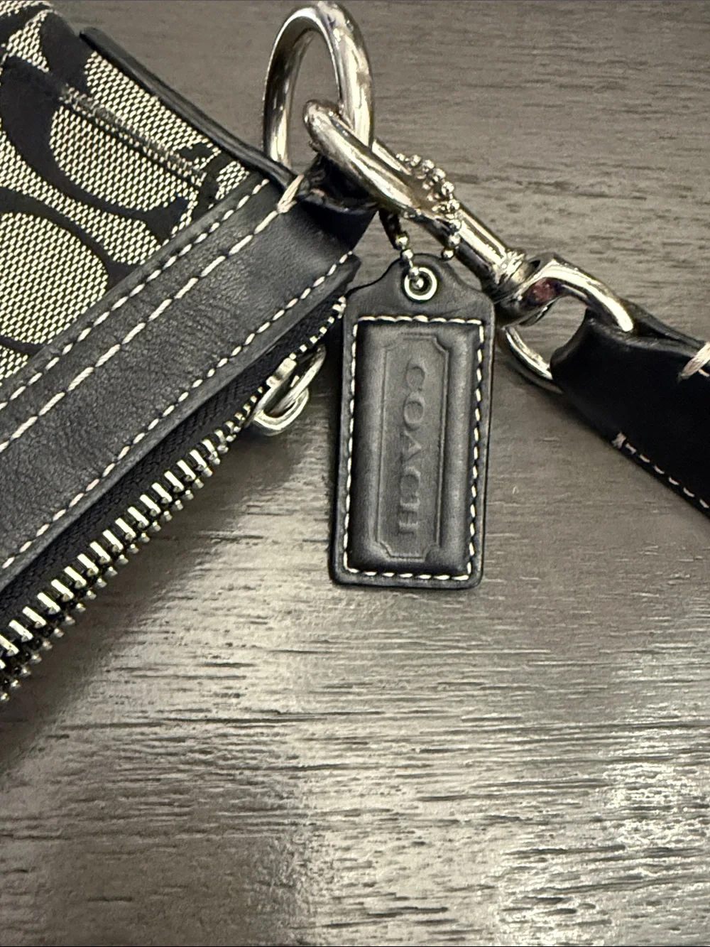 Coach Signature Jacquard Monogram Leather Trim Shoulder Bag Black Gray Medium